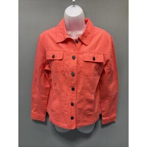 Erin London Jacket Womens Medium Orange Stretch Button Up Long Sleeve Pocket